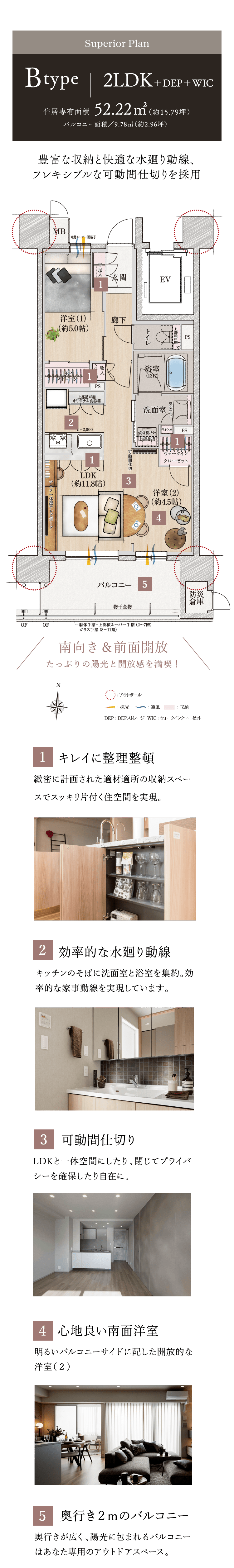 Bタイプ間取り。豊富な収納と快適な水廻り動線、フレキシブルな可動間仕切りを採用。南向き＆前面開放。